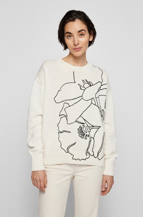Cotton-silk sweater with abstract flower print, White