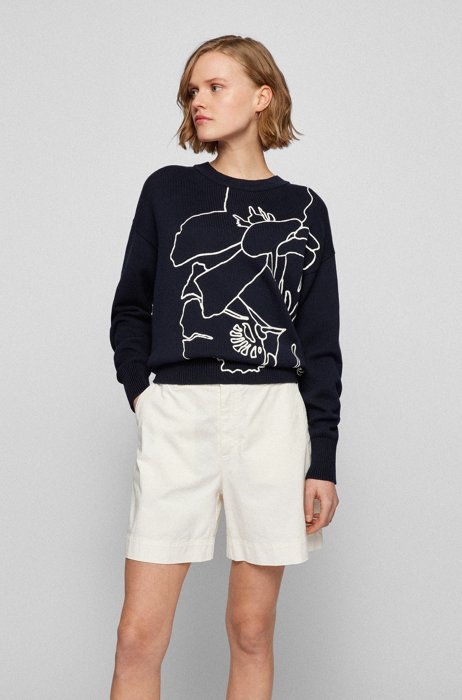 Cotton-silk sweater with abstract flower print, Dark Blue