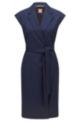 Wrap dress in stretch wool with tie-up belt, Patterned