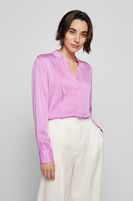 Open-neckline blouse in stretch silk with stand collar, Pink