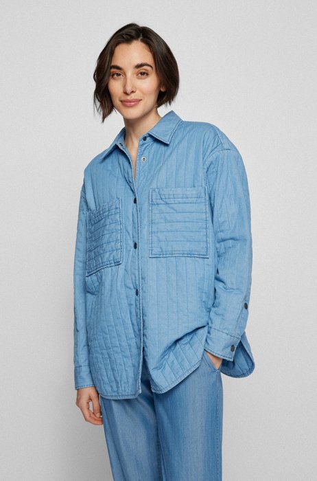 Oversized-fit overshirt in quilted organic-cotton denim, Light Blue