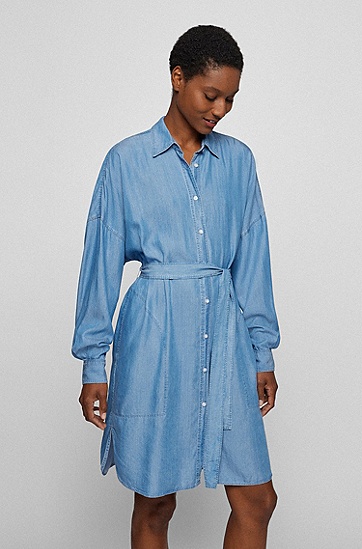 BOSS 博斯宽松版型水洗帆布衬衫连衣裙,  450_Light/Pastel Blue