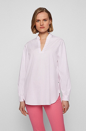 常规版条纹图案棉质混纺女士衬衫,  684_Light/Pastel Pink