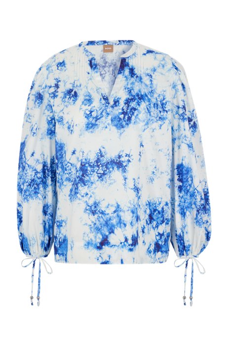 Relaxed-fit blouse in tie-dye organic cotton, Blue Patterned