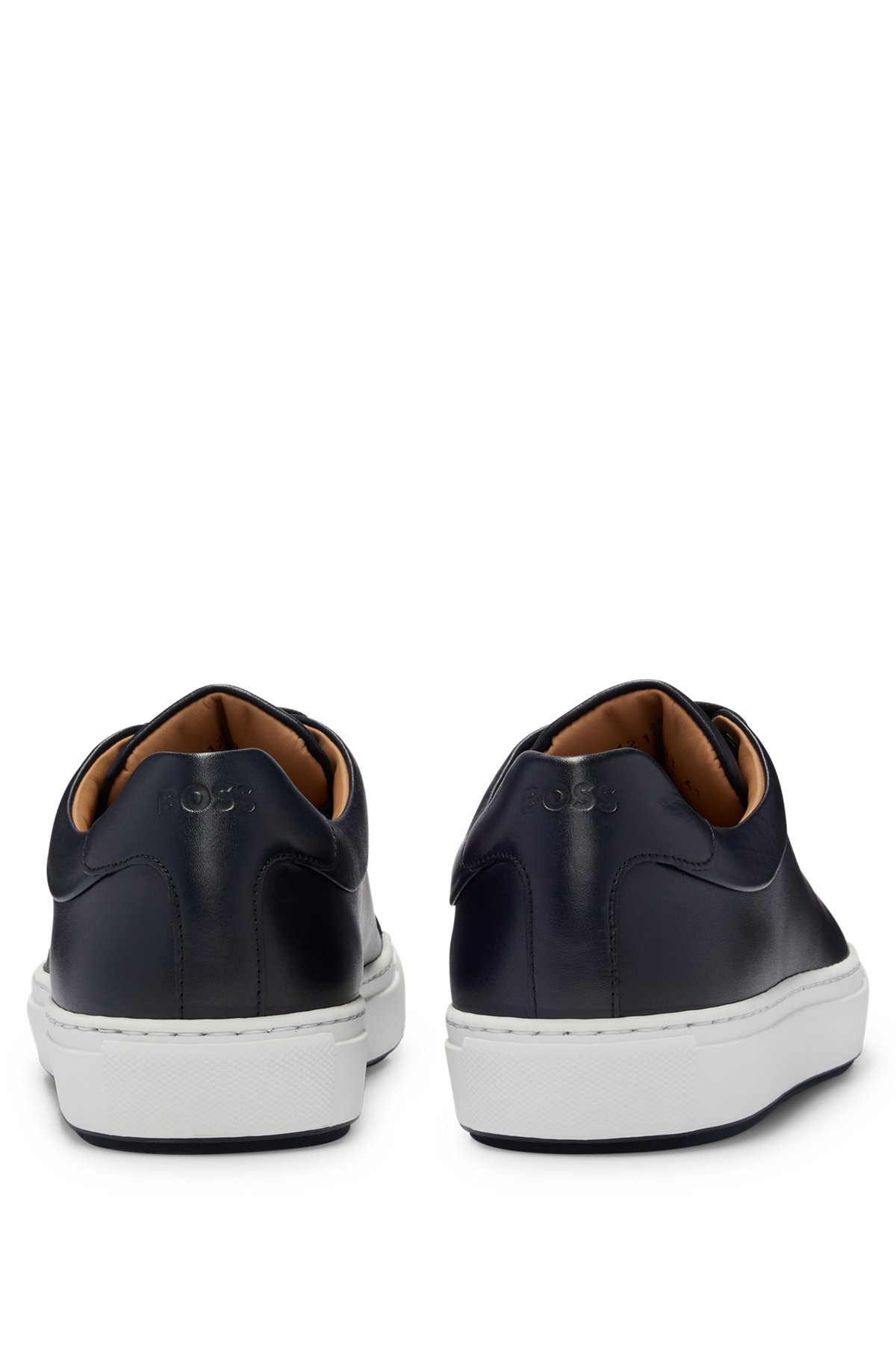 BOSS - Burnished-leather low-profile trainers with rubber sole