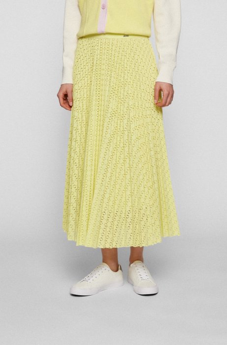Lace midi skirt with plissé pleats and zip closure, Yellow