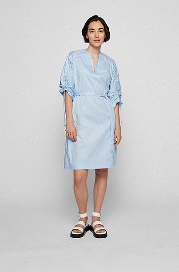 缩褶细节棉质束腰连衣裙,  450_Light/Pastel Blue