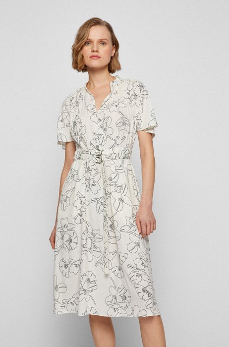 Double-belt regular-fit dress with floral print, White Patterned