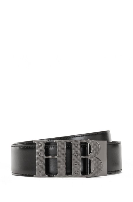 Smooth-leather belt with monogram buckle, Black