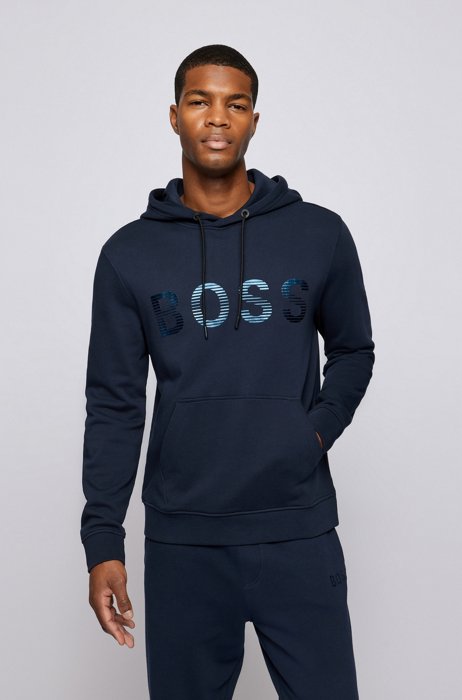 Hooded sweatshirt in French terry cotton with metallic logo, Dark Blue