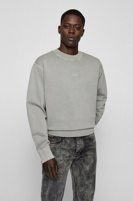 Crew-neck sweatshirt in French terry with layered logo, Grey