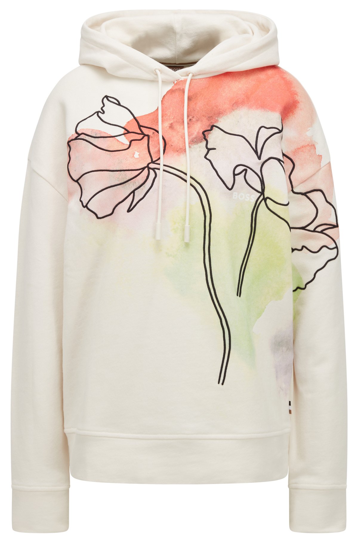 Kapuzen-Sweatshirt aus Bio-Baumwolle mit Aquarell-Print und Blumenstickerei, Gemustert