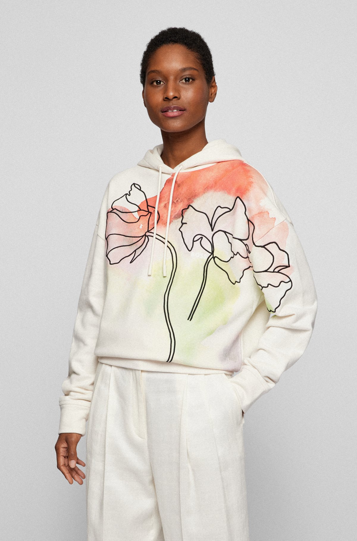 Kapuzen-Sweatshirt aus Bio-Baumwolle mit Aquarell-Print und Blumenstickerei, Gemustert