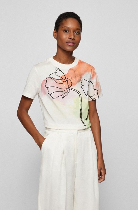 Organic-cotton T-shirt with watercolour print and floral embroidery, Patterned