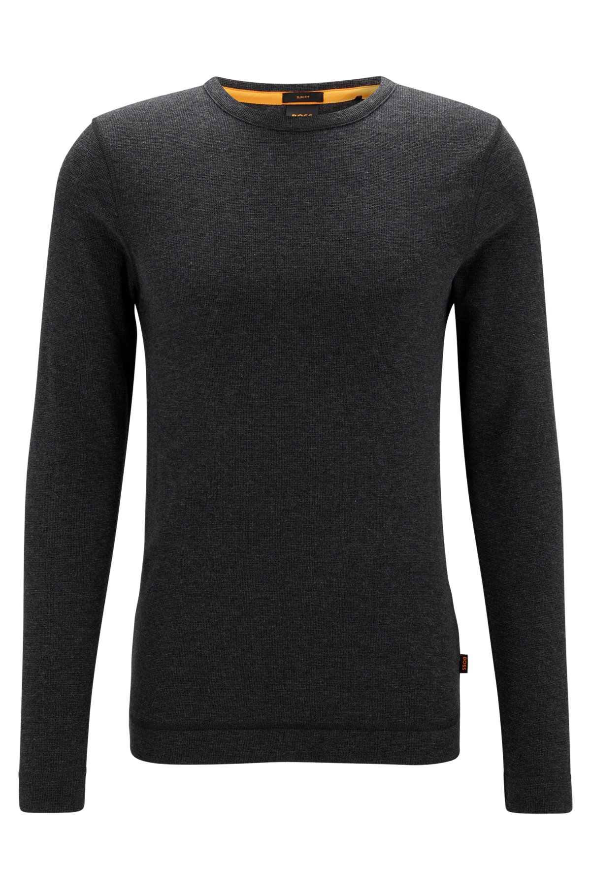 Slim-fit long-sleeved T-shirt in waffle cotton, Black