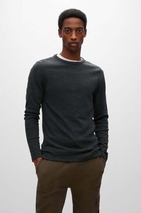 Slim-fit long-sleeved T-shirt in waffle cotton, Black
