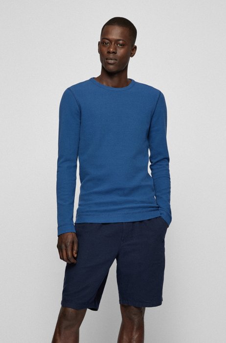 Slim-fit long-sleeved T-shirt in waffle cotton, Blue