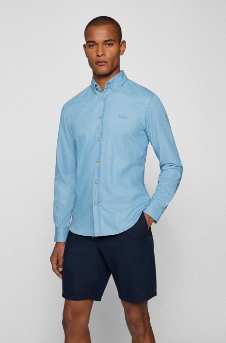 Button-down slim-fit shirt in organic-cotton denim, Light Blue