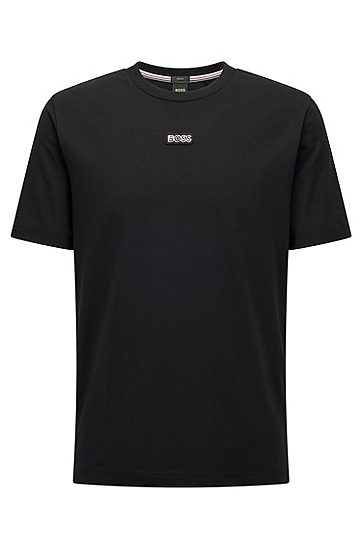 BOSS 博斯拼色徽标图案弹力棉质中性 T 恤,  001_Black
