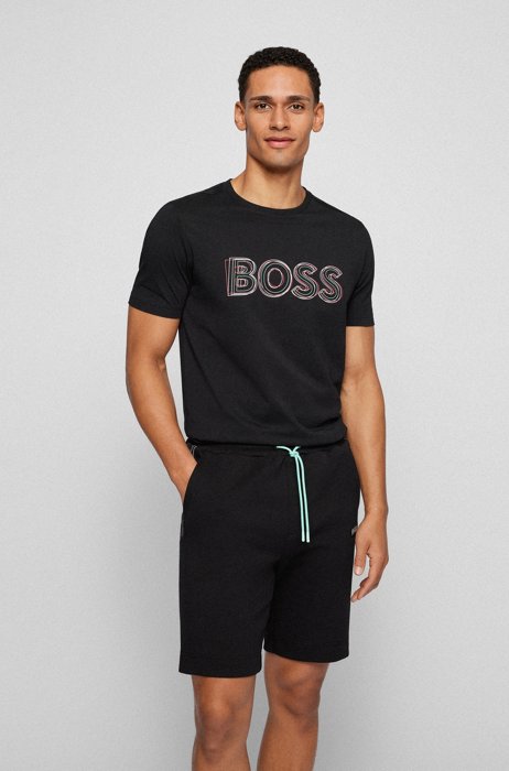 Camiseta regular fit de punto de algodón con logo de diseño, Negro