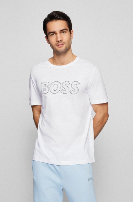 Camiseta regular fit de punto de algodón con logo de diseño, Blanco