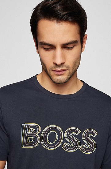 BOSS 博斯徽标艺术图案印花棉质平纹针织常规版型 T 恤,  402_Dark Blue