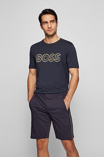 BOSS 博斯徽标艺术图案印花棉质平纹针织常规版型 T 恤,  402_Dark Blue