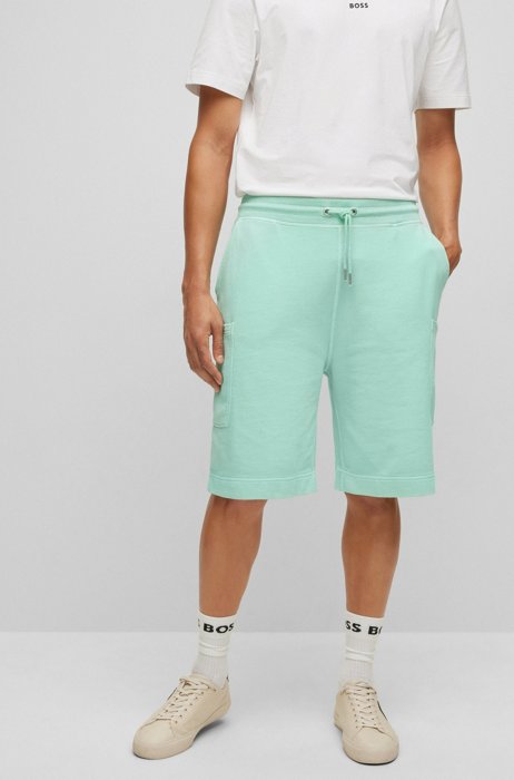 Garment-dyed cotton-terry shorts with patch pockets, Light Green