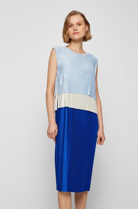 Triple-layer plissé dress with colour-blocking, Blue