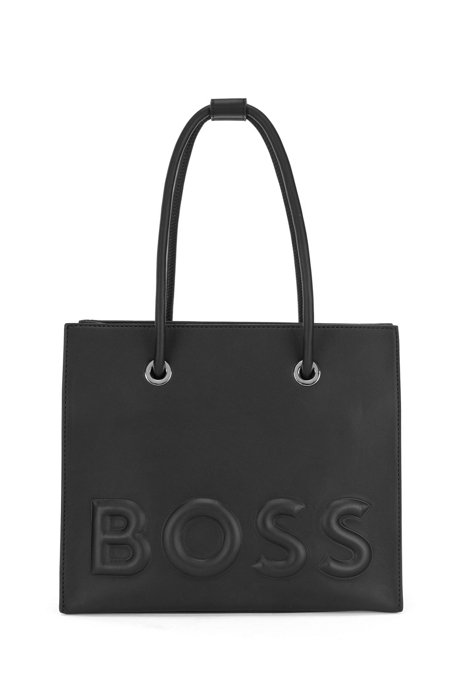 Faux-leather tote bag with raised logo, Black