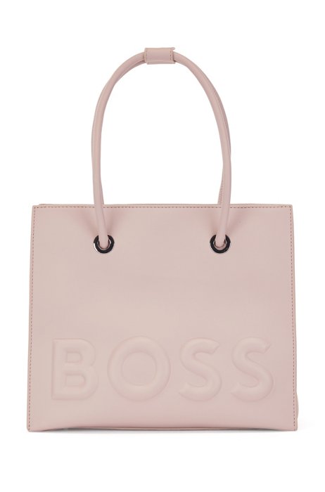 Faux-leather tote bag with raised logo, light pink