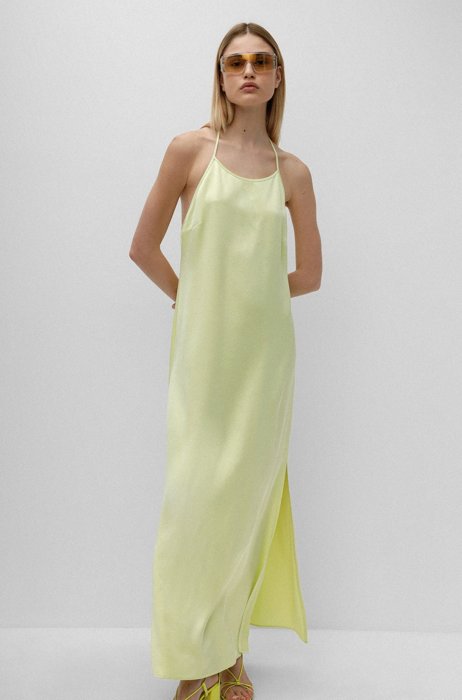 Strappy dress in satin with side slits, Light Yellow
