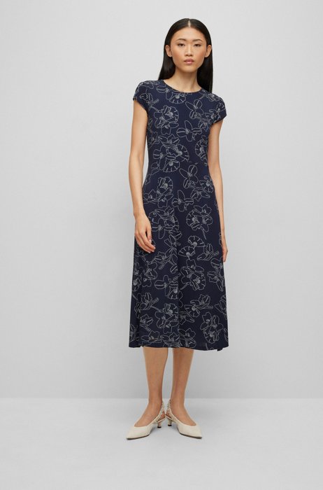 Cap-sleeve dress in floral-printed crepe, Dark Blue
