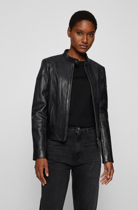 Regular-fit zip-up jacket in soft leather, Dark Blue