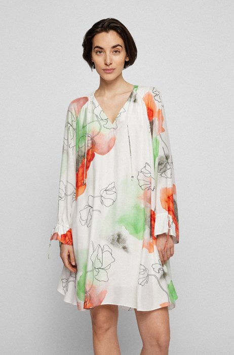 Relaxed-fit dress in floral-print fabric with silk, Patterned