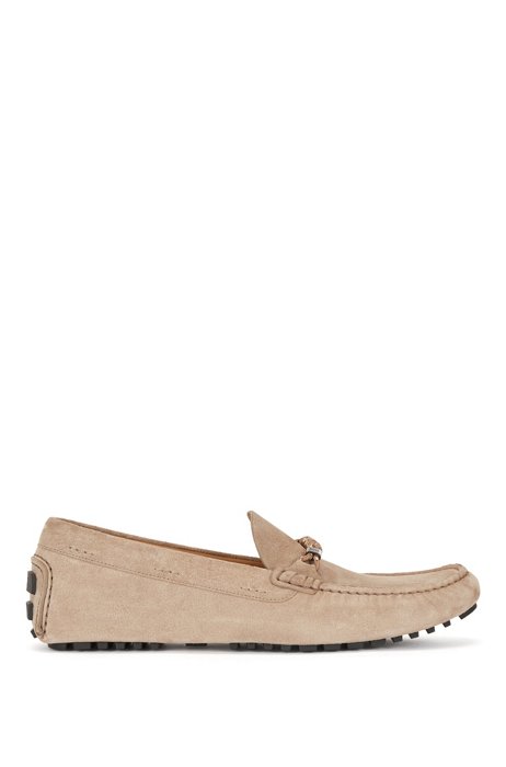 Suede slip-on moccasins with branded cord trim, Beige