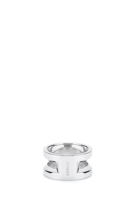 Cut-out ring in stainless steel with engraved logo, Silver