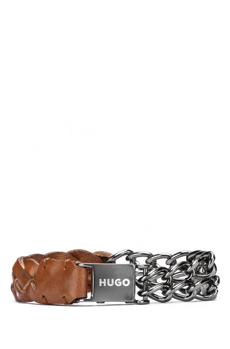 Logo cuff with braided leather and chunky chain, Brown