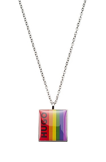 彩虹色吊坠和徽标细节装饰不锈钢项链,  040_Silver