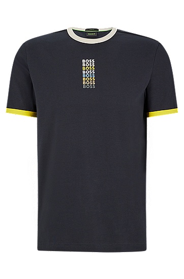 重复徽标图案弹力棉质中性 T 恤,  402_Dark Blue