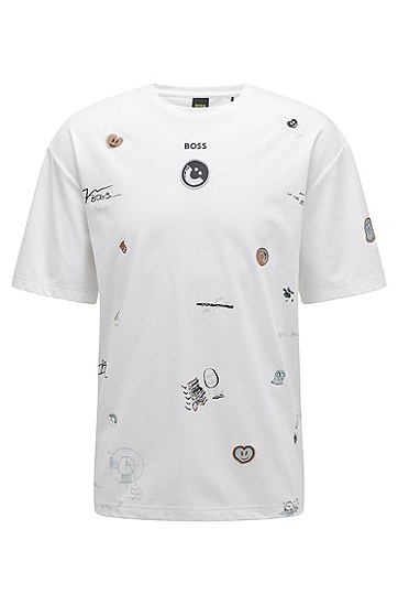 BOSS 博斯徽章细节棉质混纺徽标图案 T 恤,  100_White