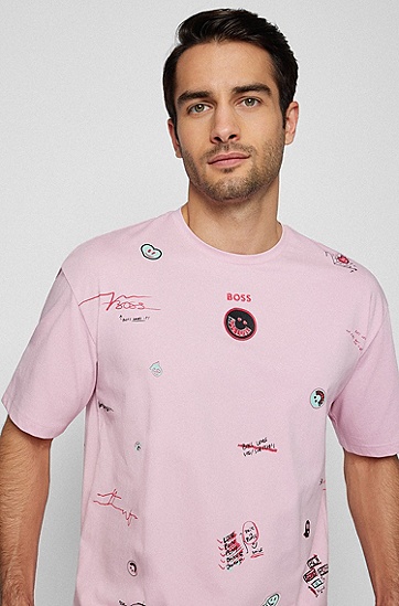 BOSS 博斯徽章细节棉质混纺徽标图案 T 恤,  683_Light/Pastel Pink