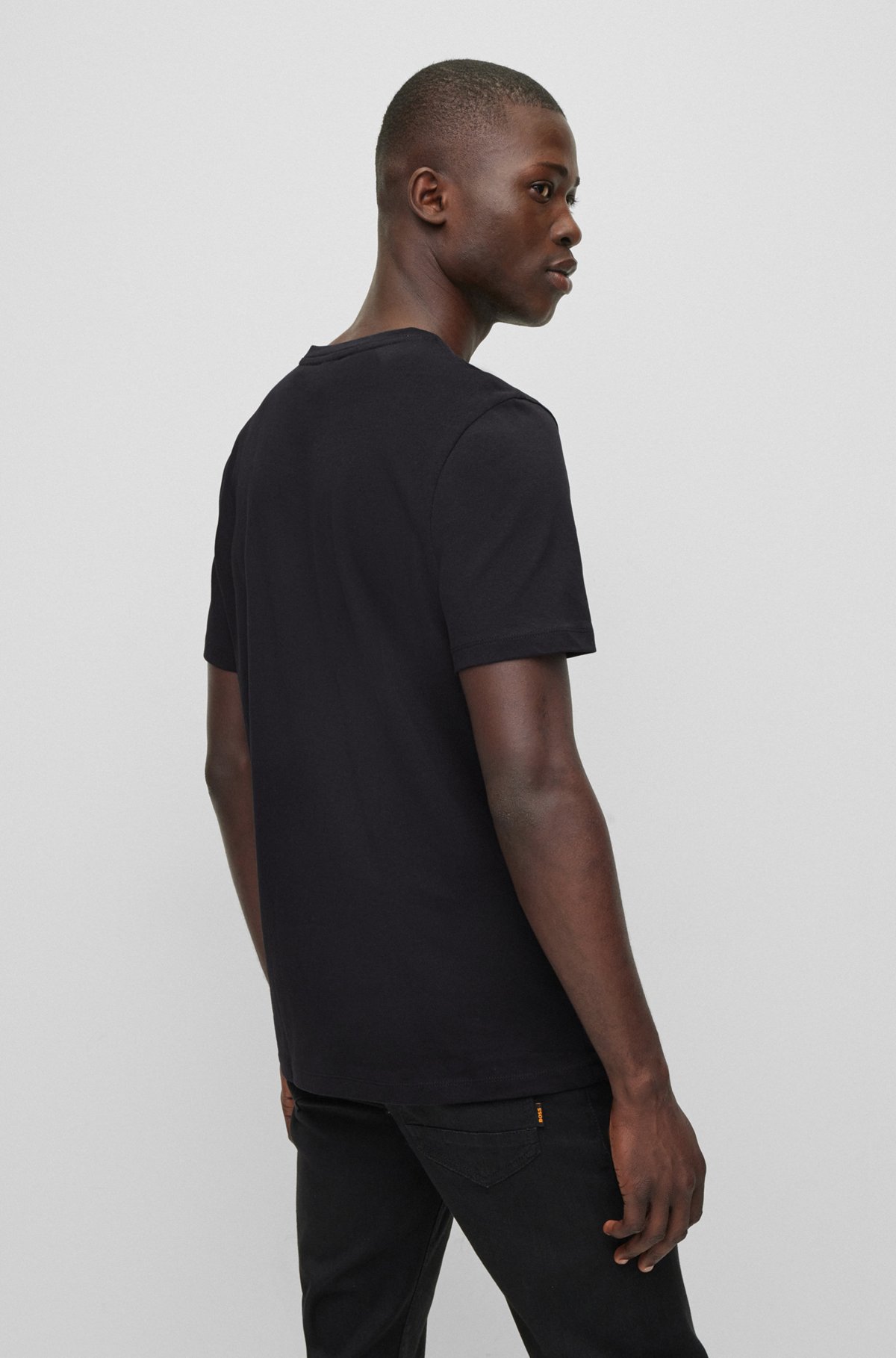 Camiseta relaxed fit de punto de algodón con parche de logo, Negro