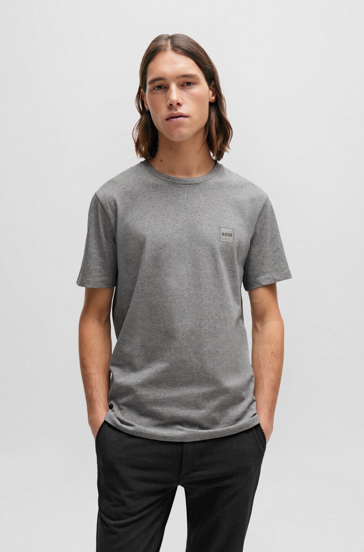 Relaxed-fit T-shirt in cotton jersey with logo patch, Light Grey