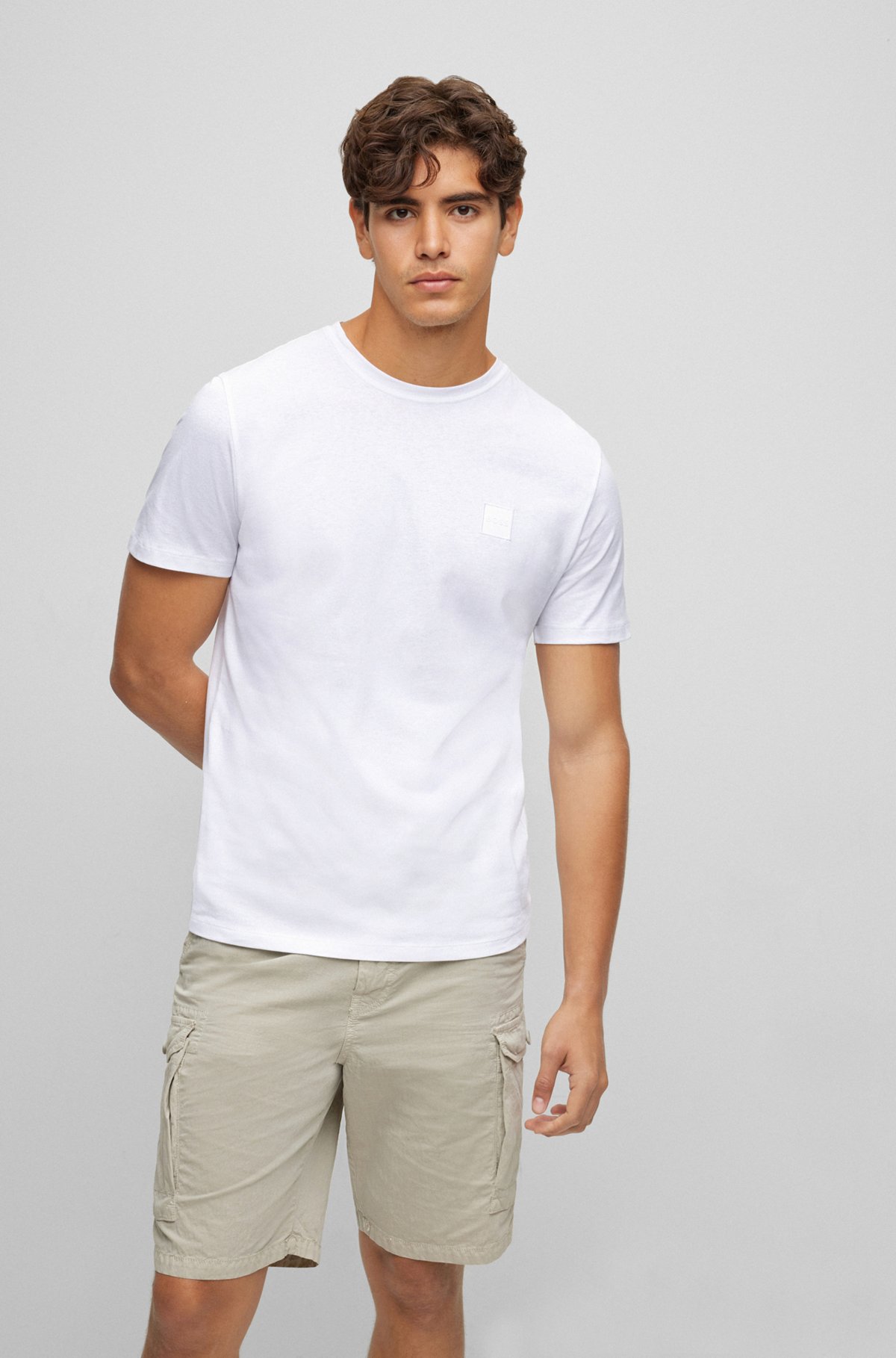 Camiseta relaxed fit de punto de algodón con parche de logo, Blanco
