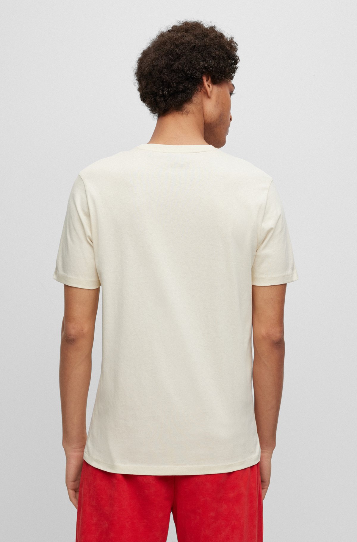 Camiseta relaxed fit de punto de algodón con parche de logo, Natural