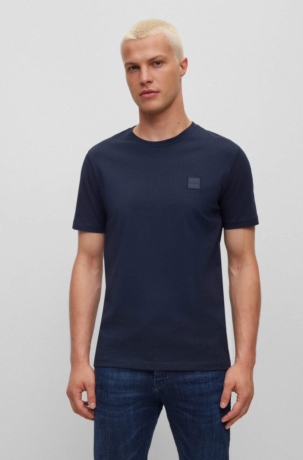 T-shirt relaxed fit in jersey di cotone con toppa con logo, Blu scuro