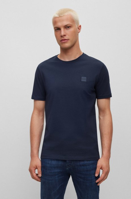 Camiseta relaxed fit de punto de algodón con parche de logo, Azul oscuro
