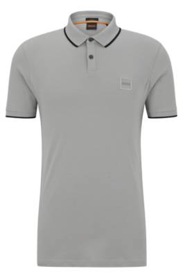 Hugo Boss Stretch-cotton Slim-fit Polo Shirt With Logo Patch In Gray