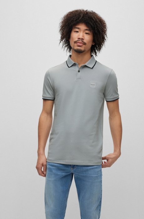 Stretch-cotton slim-fit polo shirt with logo patch, Grey